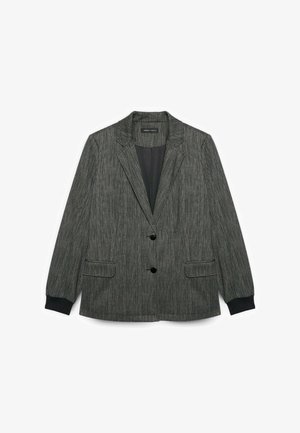 Blazer grigio a fantasia con due tasche frontali, due bottoni neri e una finitura in tessuto liscio. Presenta un colletto a scollatura e polsini a coste.