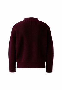 Burgunderfarbener oversized Strickpullover, der mit einem gerippten Muster und überschnittenen Schultern ausgestattet ist. Ohne sichtbare Verschlüsse, mit einem klassischen Rundhalsausschnitt.