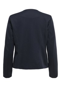 Blazer pour femme bleu marine foncé texturé à manches longues avec une taille ajustée, vu de dos sur fond blanc.