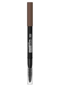 Crayon pour sourcils Tattoo de Maybelline avec un capuchon marron, un corps noir et une pointe de pinceau transparente. Il présente un design mince et un peigne à poils texturés pour le styling.