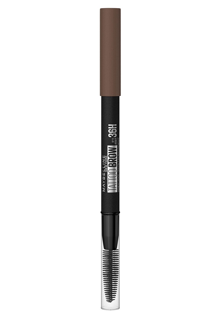Crayon pour sourcils Tattoo de Maybelline avec un capuchon marron, un corps noir et une pointe de pinceau transparente. Il présente un design mince et un peigne à poils texturés pour le styling.