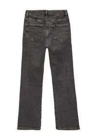 Donkergrijze denim jeans met een rechte pasvorm, vijf zakken en stikseldetails. De stof heeft een gladde, licht gestructureerde afwerking.