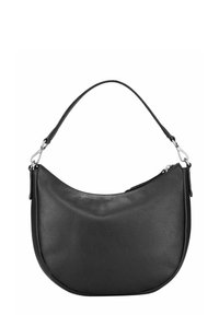 Sac à bandoulière en cuir noir de forme semi-circulaire, surface texturée, ferrures métalliques, et une seule poignée courbée.