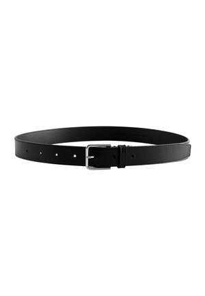Black leather belt with a smooth texture, featuring a silver metal buckle, five adjustment holes, and contrasting stitching along the edges.