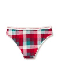 Bikini w kratkę w kolorach czerwonym, turkusowym i białym z białym paskiem w pasie ozdobionym czerwonym napisem "United Colors of Benetton".