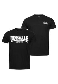 Sort bomulds t-shirt med et hvidt Lonsdale London-logo på fronten. Klassisk rund halsudskæring, korte ærmer og en ensfarvet design.