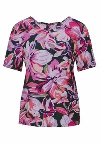 Blommig kortärmad topp med svart bakgrund, prydd med stora rosa, lila och vita blommor. Mjuk tyg med avslappnad passform.