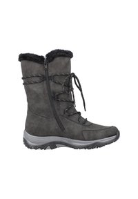 Botas de invierno de ante negro con un cuello de pelo sintético, una cremallera frontal y cordones. Exterior texturizado, interior acolchado y suela de goma para mayor tracción.