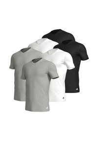 Set of four v-neck t-shirts in gray, white, and black. Made from soft fabric with short sleeves and subtle logo detail at the hem.