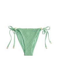 Mintgroene bikini onderkant van gestructureerde stof, met verstelbare zijstriks en decoratieve parels. Heeft een gladde voering en een driehoekige vorm.