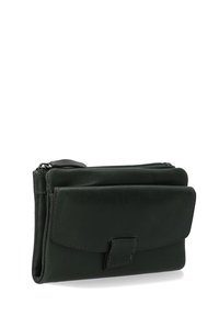 Green leather wallet with a zip closure and front flap, featuring stitched accents and a smooth texture. Compact and rectangular shape.