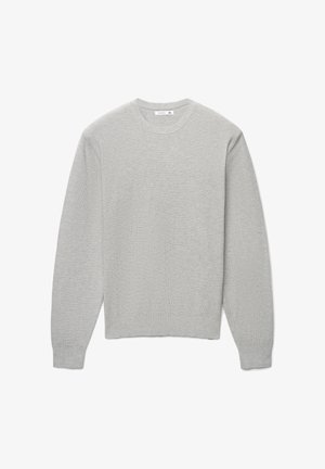 Maglione grigio a maniche lunghe realizzato in tessuto strutturato, con scollo rotondo e taglio dritto, polsini e orlo a costine.