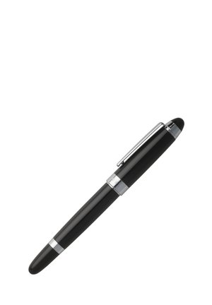 Black pen with a glossy finish, silver accent bands, and clip. Rounded tip and tapered body. Sleek design emphasizes elegant simplicity.
