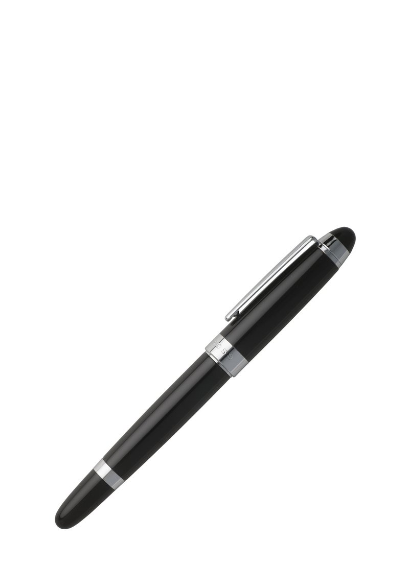 Black pen with a glossy finish, silver accent bands, and clip. Rounded tip and tapered body. Sleek design emphasizes elegant simplicity.