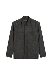 Dunkelgrauhem Button-up-Hemd aus strukturiertem Stoff, mit einem weit geschnittenen Kragen, langen Ärmeln und einer Brusttasche mit einem dezenten melierten Muster.