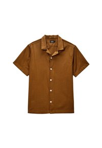 Chemise à manches courtes avec des boutons en tissu brun texturé à motif à carreaux, présentant un col pointu et des boutons blancs.