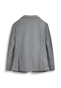 Blazer grigio in misto lana con colletto a scollatura, silhouette strutturata e linee pulite sull'orlo, con una superficie testurizzata.