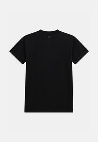 Svart bomull t-shirt med korta ärmar, rundad halsringning och en liten triangulär logotyp på baksidan. Slät textur och standard passform.