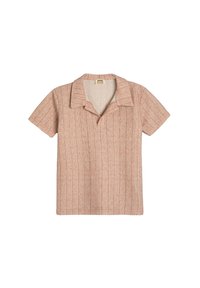 Lyhythihainen polo-paita vaaleankorallinvärisessä sävyssä, jossa on tekstitetty pystysuuntainen raidallinen kuvio. Varustettu pehmeällä kauluksella ja rento istuvuus.