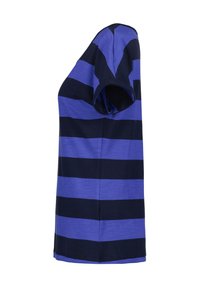 Kortærmet T-shirt med vandrette navy og lilla striber, lavet af et blødt materiale med en afslappet pasform og sidelæg.