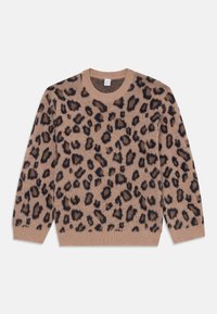 Beige Pullover im Leopardenmuster mit Rundhalsausschnitt, versehen mit dunkelbraunen Flecken und gerippten Bündchen und Saum. Weiche Textur, lässiges Design.
