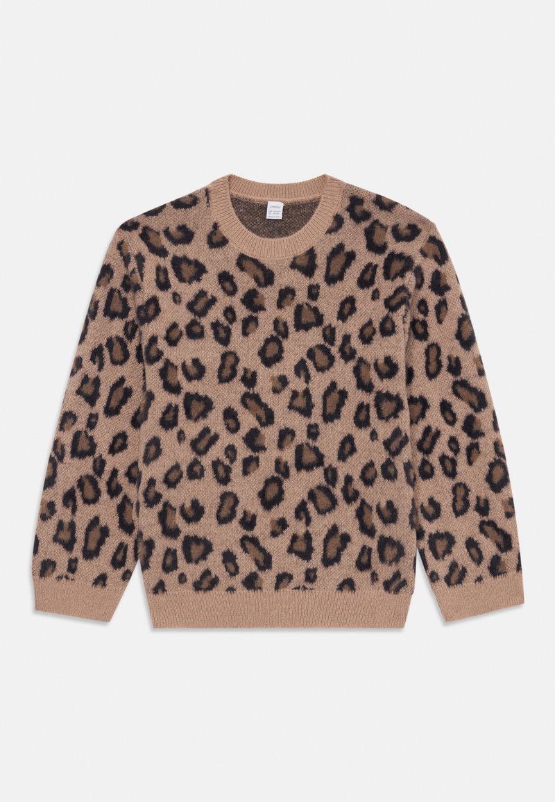 Beige Pullover im Leopardenmuster mit Rundhalsausschnitt, versehen mit dunkelbraunen Flecken und gerippten Bündchen und Saum. Weiche Textur, lässiges Design.