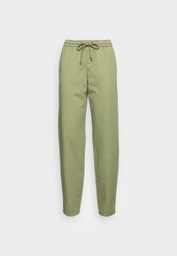 Green cotton pants with an elastic waistband and drawstring. Features a relaxed fit and straight leg design. No visible patterns or hardware.
