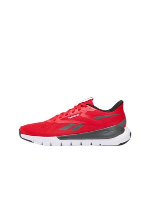 Chaussure de course Reebok rouge et noire avec semelle blanche, détails gris et dessus en mesh respirant, vue de côté.