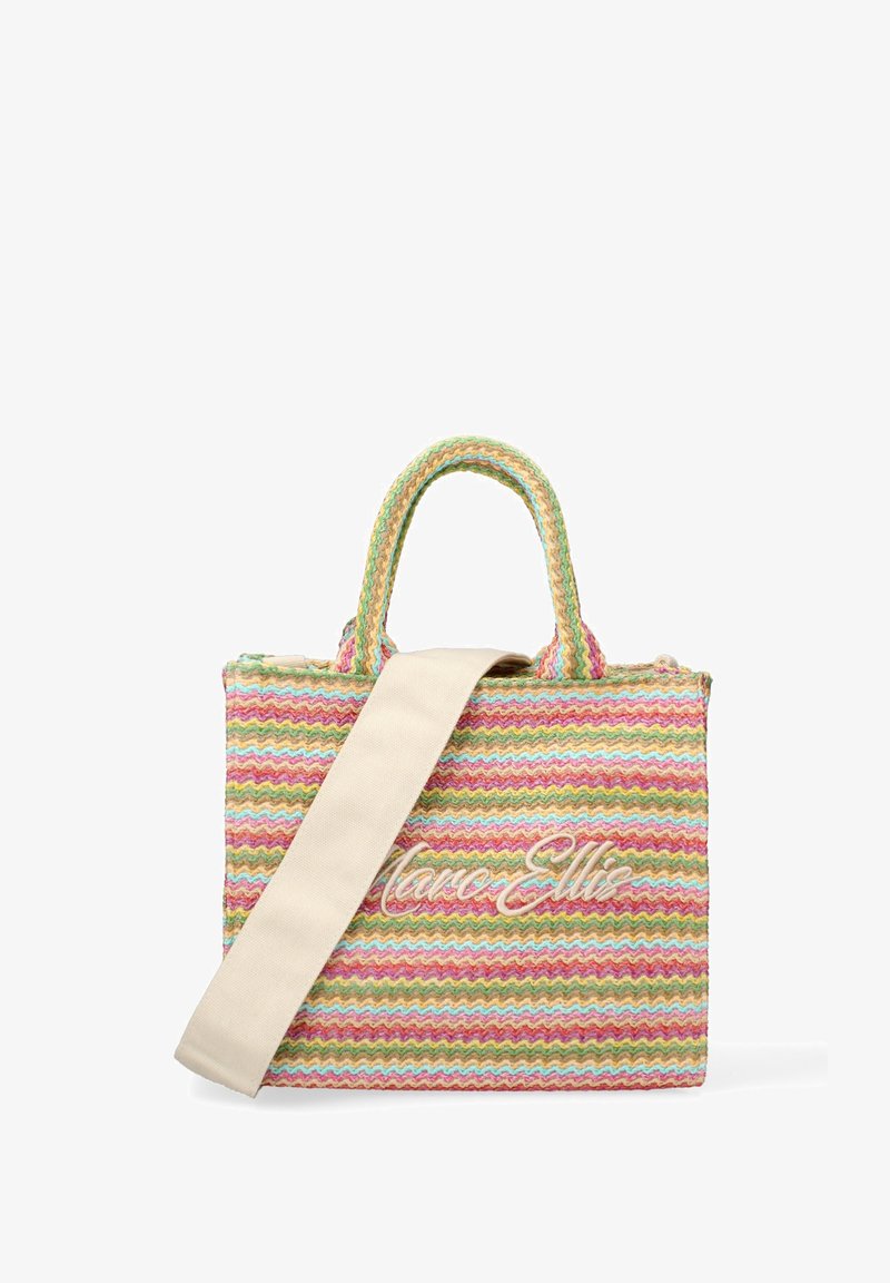 Sac en toile tissé avec un motif en zigzag dans des nuances de rose, jaune et vert, doté de doubles poignées et d'une bandoulière en toile amovible.