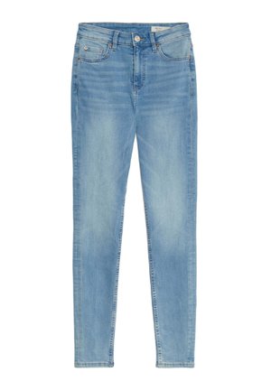 Helleblaue Skinny Jeans aus Denim, mit fünf Taschen, einem Knopfverschluss und sanften Verblassungen an der Vorder- und Rückseite für eine strukturierte Optik.