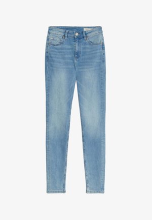 Helleblaue Skinny Jeans aus Denim, mit fünf Taschen, einem Knopfverschluss und sanften Verblassungen an der Vorder- und Rückseite für eine strukturierte Optik.