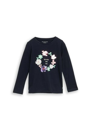 Marineblaue Langarmbluse mit mehrfarbigem Blumenkranz und Text "Flowers for You" in der Mitte vorne.