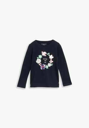 Marineblå langærmet skjorte med flerfarvet blomsterkrans og tekst "Flowers for You" i midten foran.