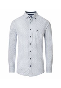 Witte langemouwen overhemd met een klein blauw geometrisch patroon, marineblauwe knopen en een borstzak met een klein logo.