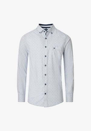 Weißes Langarm-Hemd mit Knöpfen und einem kleinen blauen geometrischen Muster, marineblauen Knöpfen und einer Brusttasche mit kleinem Logo.