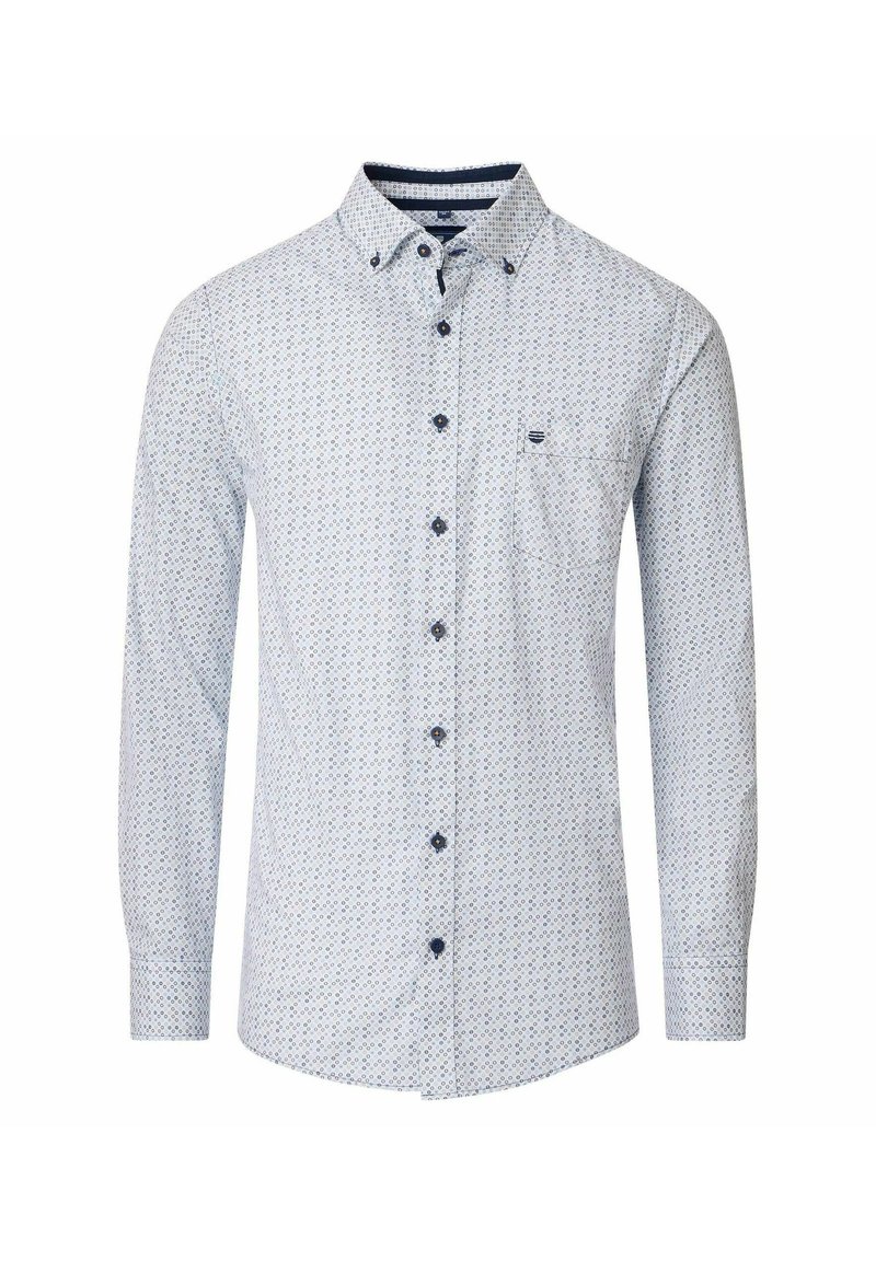 Witte langemouwen overhemd met een klein blauw geometrisch patroon, marineblauwe knopen en een borstzak met een klein logo.