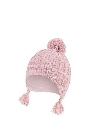 Pink knitted winter hat with ear flaps, a pom-pom on top, tassels on each flap, and a small fabric label on the side.