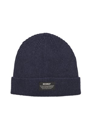 Mørkeblå ribbestrikket lue med brettet kant og en svart rektangulær etikett med teksten "ECOALF" og et bærekraftig budskap.