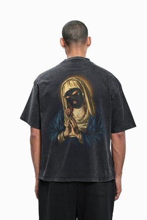 Black short-sleeve T-shirt featuring a graphic print of a veiled figure holding a rose, with detailed textures and muted colors.