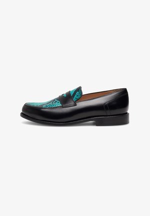 Black leather loafer with a turquoise and black textured pattern on the front, featuring a sleek design and a rounded toe.