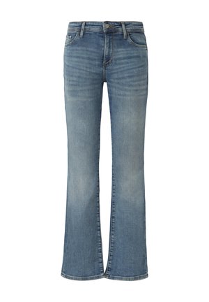 Jeans a campana in denim azzurro chiaro con vita media, design a cinque tasche e leggera scoloritura. Presenta una chiusura con zip e bottone.