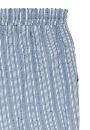 Tissu à rayures verticales bleu et blanc avec une ceinture élastique, semblant être un gros plan de pantalons ou de shorts légers.