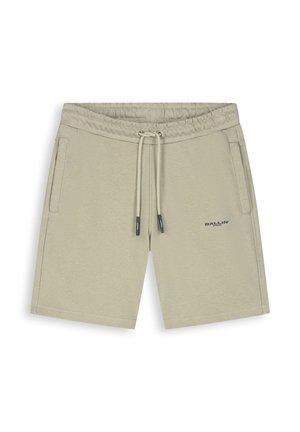 Beige shorts met trekkoord en elastische tailleband, zijzakken en "BALLIN'" logo op de linker dij, weergegeven tegen een witte achtergrond.