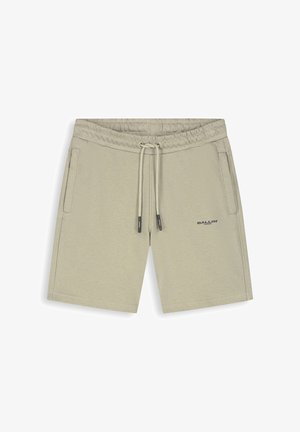 Beige shorts met trekkoord en elastische tailleband, zijzakken en "BALLIN'" logo op de linker dij, weergegeven tegen een witte achtergrond.