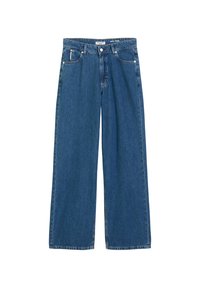 Niebieskie dżinsy o wysokim stanie i szerokich nogawkach z przednim zapięciem na guzik i zamek, szlufkami na pasek oraz pięcioma kieszeniami, ułożone płasko na białym tle.