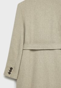 Beige wool coat back view featuring long sleeve with three dark buttons and a horizontal fabric belt detail across the waist.