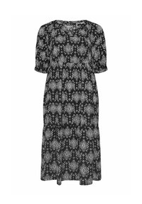 Mustapuku, jossa on pyöreä pääntie, lyhyet puffihihat ja kerroksellinen hame. Sisältää monimutkaisen valkoisen kukkakuosin läpi.