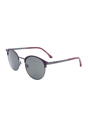 Lenti tonde color grigio scuro con sottili montature in metallo viola e grigio, terminali delle aste bordeaux e naselli regolabili, occhiali da sole.