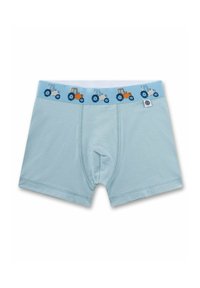 Light blue children's boxer briefs with a waistband featuring alternating orange and white tractor illustrations.