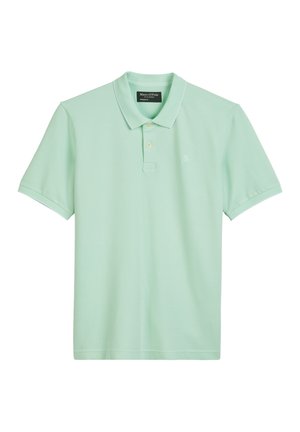 Mint green polo shirt made of soft fabric, featuring a classic collar, three-button placket, and a small logo on the chest.